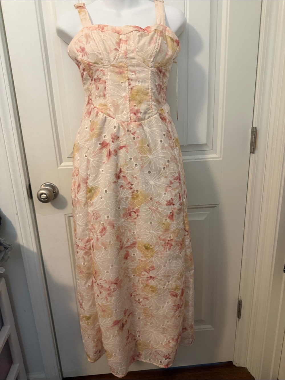 Iris Bloom Floral Maxi Corset Sundress - Cream,Pink & Yellow(like Bardot) small